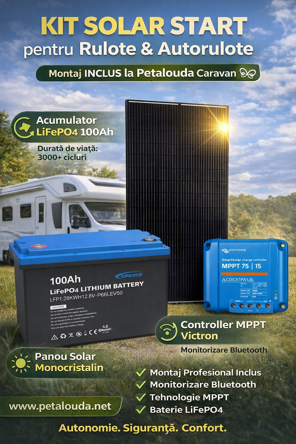 Kit Solar Rulota 100Ah Lifepo4 | 200w | Victron MPPT 75/15 smart - Montaj Inclus